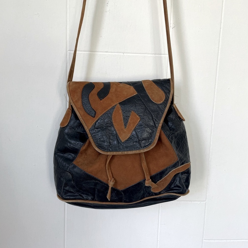 Black Leather Brown Suede Satchel Purse Shoulder Bag